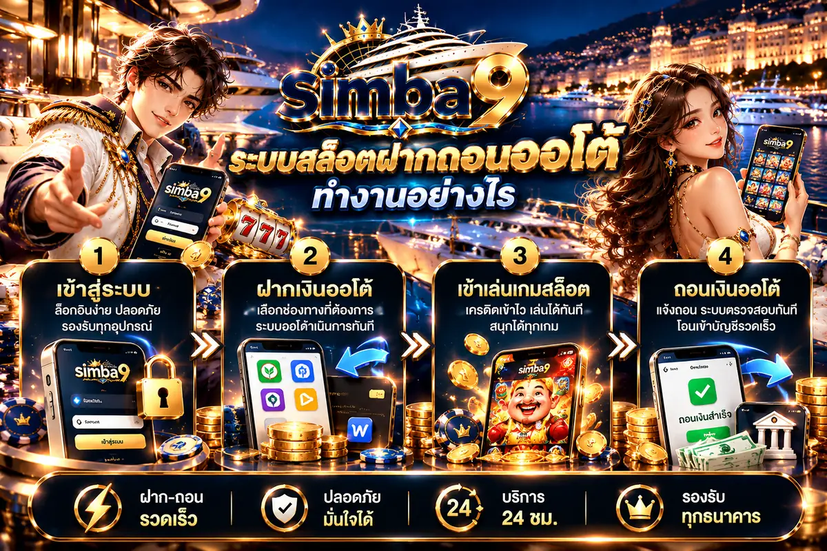 ระบบสล็อตฝากถอนออโต้ simba9 ทำงานอย่างไร 4 ขั้นตอน เข้าสู่ระบบ ฝากเงินออโต้ เข้าเล่นเกมสล็อต และถอนเงินออโต้ รองรับทุกธนาคาร บริการ 24 ชม.